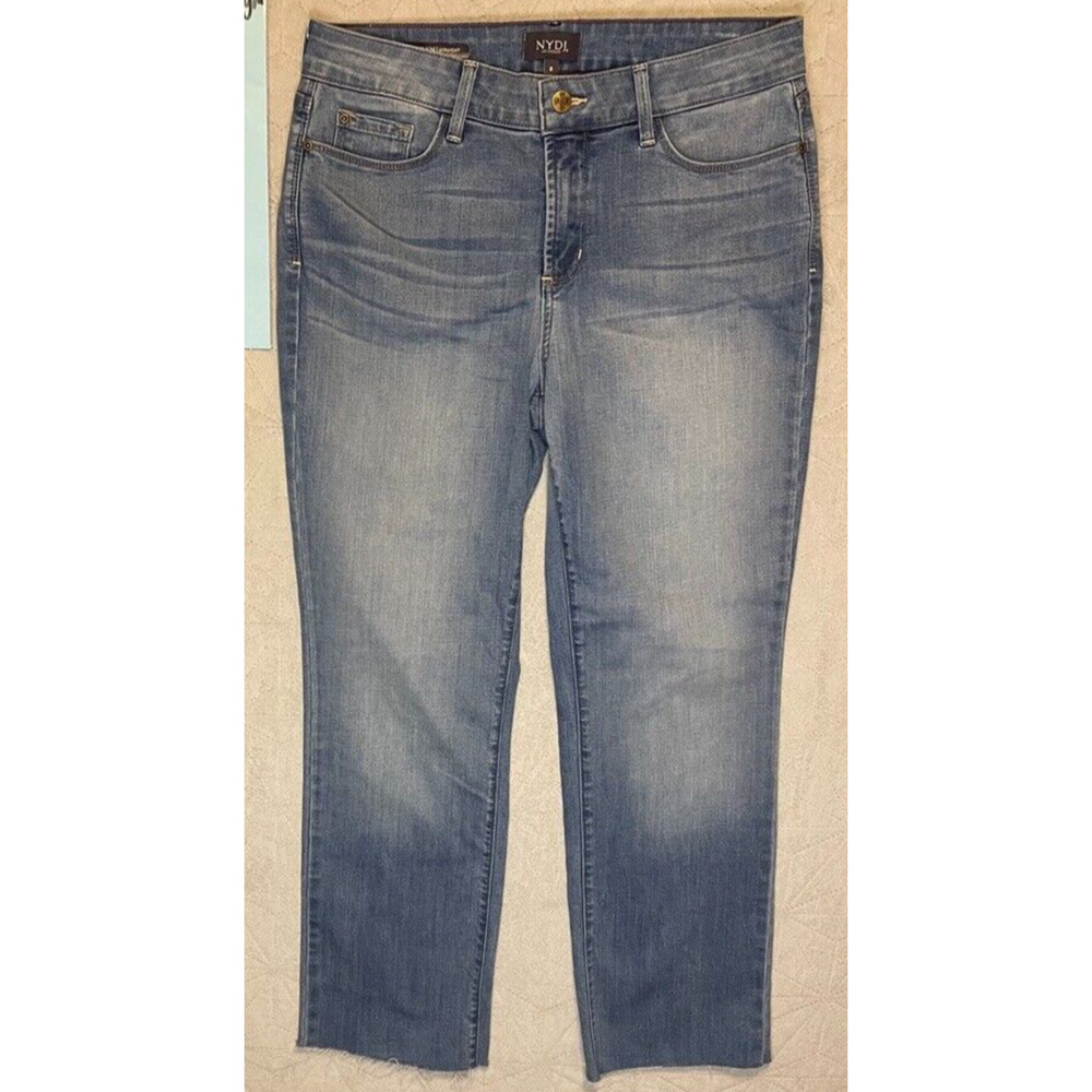 NYDJ Jeans Womens 8 Blue Marilyn Straight Lift Tuck Stretch Preppy Denim Raw Hem